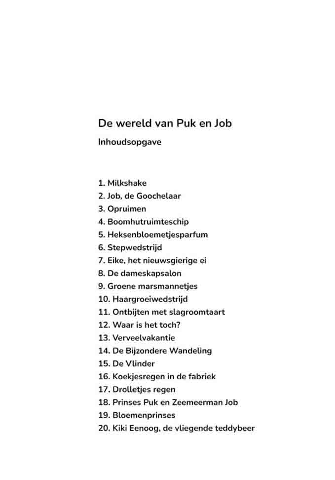 Inhoudsopgave - De Wereld van Puk en Job®
